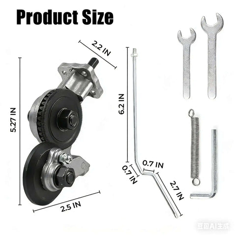 Titanium Drill Nibbler Sheet Metal Cutting Tool Kit with dimensions, wrenches, and adapter for precise metal work