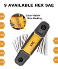 9 SAE sizes of 17-Piece Folding Allen Wrench Set With Metric And SAE Hex Tools For Tight Spaces, compact design, clear markings