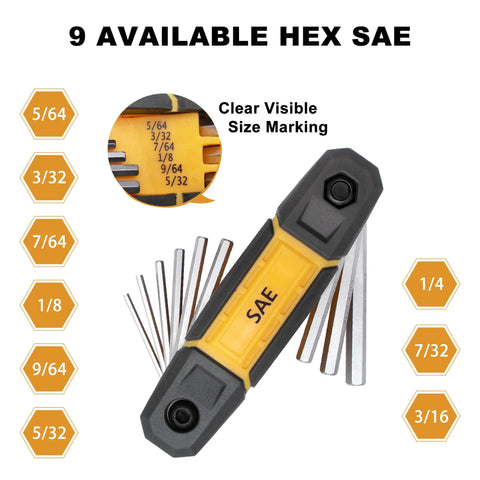 9 SAE sizes of 17-Piece Folding Allen Wrench Set With Metric And SAE Hex Tools For Tight Spaces, compact design, clear markings