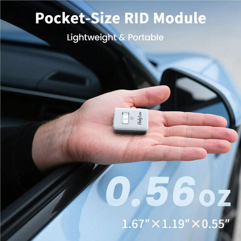 FAA Compliant Remote ID Module With Buzzer And Strobe in hand, showing compact size for drones GPS tracking, 4-hour battery life.