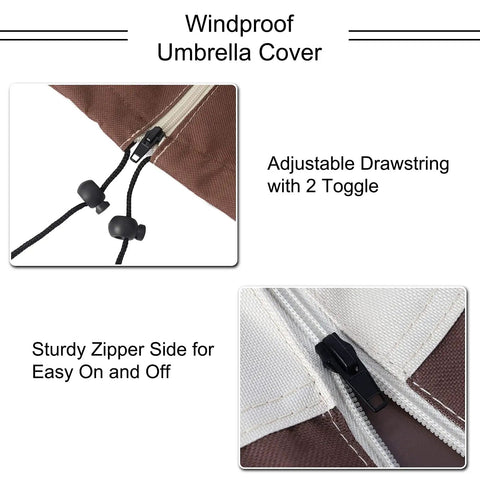 Close-up of drawstring toggles and zipper on Beefy Heavy Duty 600D Oxford Patio Umbrella Cover Waterproof Fits 7 To 10 Feet