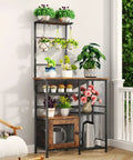 Espresso Coffee Bar Cabinet Organizer With Eight Hooks, Shelves And Door in a living room setting with plants displayed