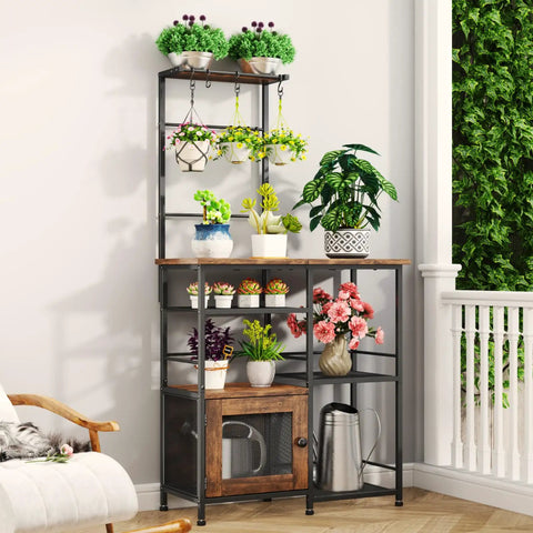 Espresso Coffee Bar Cabinet Organizer With Eight Hooks, Shelves And Door in a living room setting with plants displayed