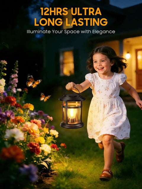 Child holding 2 Pack Solar Lanterns Outdoor Waterproof Hanging Lights For Garden Patio Porch Decor Warm White LED at night