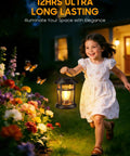 Child holding outdoor solar lantern, illuminating garden, showcasing 4 Pack Solar Lanterns For Outdoors Waterproof Hanging Led Lights.