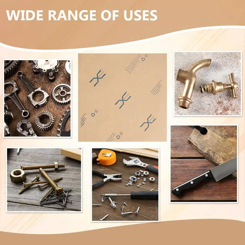 60 Sheets Anti Corrosion Paper 12x12 Inch VCI Rust Proof Packaging For Metal Parts Storage Electronics And Musical Equipment Great For Gear And Small Parts Protection, shown with tools and metal parts