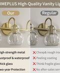 Comparison of two bathroom vanity lights showing PRIMEPLUS high-strength metal versus regular with peeling coating.