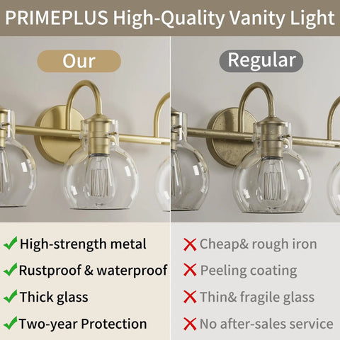 Comparison of two bathroom vanity lights showing PRIMEPLUS high-strength metal versus regular with peeling coating.