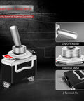 Close-up of Rugged 8 Pack SPST Toggle Switches 2 Pin 20A 125V AC And 15A 250V AC On Off, showing metal parts and terminals.