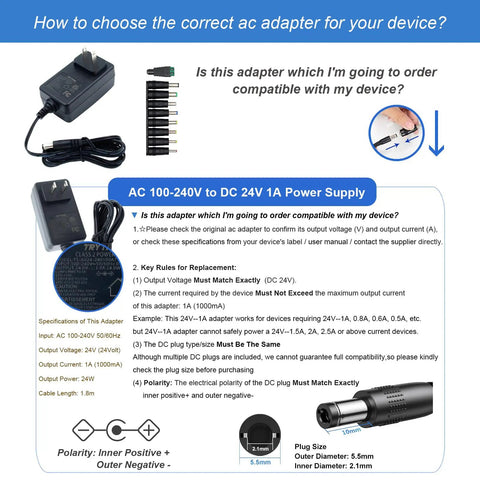 24V 1A Power Supply With 6 Ft Cord ETL Certified Worldwide 100V To 240V To DC 24V Adapter Includes 5.5x2.1mm Plug And Nine Interchangeable Tips Perfect For 24V Electronics And Gadgets
