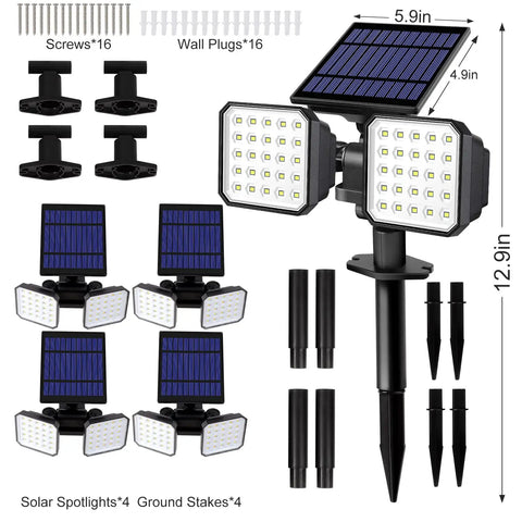 Four Pack Waterproof Outdoor Solar Lights With Dusk To Dawn Sensor, Dual Use Wall And Ground Landscape Spotlights For Yard, Walkway, Driveway, And Porch, Solar Powered With Daylight And Warm White Illumination, Easy Install