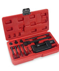 Heavy Duty Pro Grade Chain Breaker And Riveting Tool Kit with Blow Mold Case, tools arranged inside red case