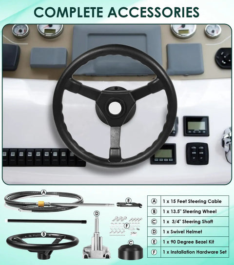 Outboard Steering Kit With Fifteen Foot Cable Three Quarter Inch Standard Tapered Shaft And Thirteen Point Five Inch Wheel