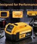 Rugged 6.0Ah 20 Volt Rechargeable Battery 2 Pack Compatible With DeWalt Power Tools And Fast Chargers Replace DCB206 DCB205 showing LED power indicator and design details.