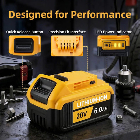 Rugged 6.0Ah 20 Volt Rechargeable Battery 2 Pack Compatible With DeWalt Power Tools And Fast Chargers Replace DCB206 DCB205 showing LED power indicator and design details.