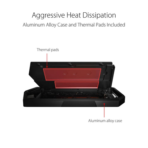 Open view of Strix Arion Aluminum M.2 NVMe External Enclosure with thermal pads and aluminum alloy case for heat dissipation.