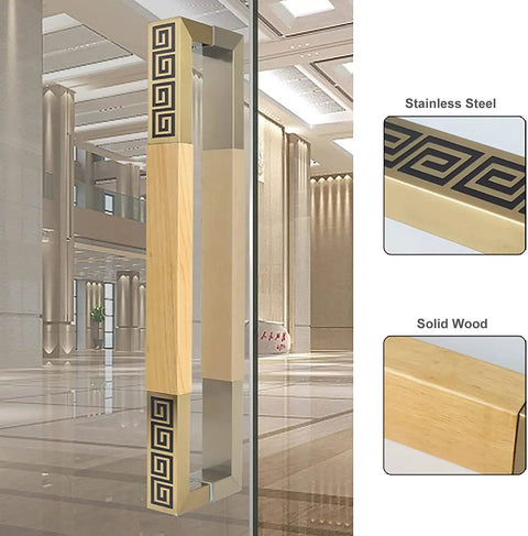 Beefy Modern Entry Door Handle Pull Set Heavy Duty Door Handles With Natural And Gold Finish 59 Inch Long Stainless Steel And Wood Pulls Easy DIY Assembly With All Hardware Included Durable Front Door Accessory installed on glass door.