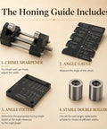 Dead On Edge Precision Chisel Sharpening Jig Kit With Dual Grit Stones for Pro Craftsmen shows chisel sharpener, angle gauge, fixture, and double roller.