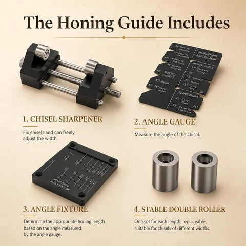 Dead On Edge Precision Chisel Sharpening Jig Kit With Dual Grit Stones for Pro Craftsmen shows chisel sharpener, angle gauge, fixture, and double roller.