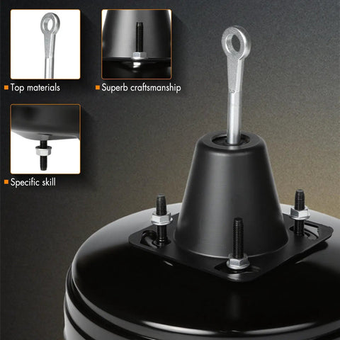 Rock Solid Vacuum Power Brake Booster Fitting For Dodge Nitro 2007 To 2011 Jeep Liberty 2008 To 2012 Wrangler 2007 To 2010 close-up view of steel top with mounting hardware.