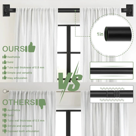Comparison of wrap around blackout curtain rods: ours with 1-inch 0.8mm wall, others with 0.5mm wall thickness and exposed teeth.