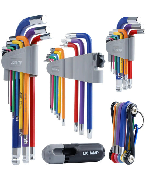 Rainbow Hex Key Set With Ball End And Torx 37-Piece Foldable Allen Wrenches, color coded handles, displayed unfolded and compact.