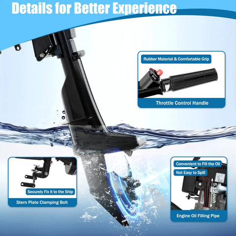 6HP 4-Stroke Outboard Motor for small boats, 140cc short shaft with tiller and throttle control handle, air-cooled engine details.