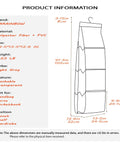 Diagram of sturdy washable hanging closet organizer with eight pockets, showing dimensions, material, and use for purses and accessories.