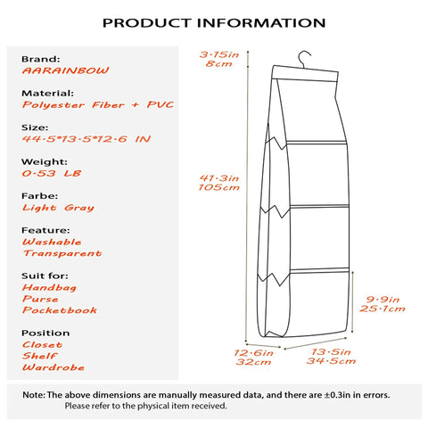 Diagram of sturdy washable hanging closet organizer with eight pockets, showing dimensions, material, and use for purses and accessories.