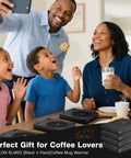 Keep Your Coffee Tea And Cocoa Toasty With This Slick Black Four Pack Electric Cup Heater Boasting Three Custom Heat Levels And A Universal Mug Fit That Slides Right Into Every Office Or Home. Family enjoying drinks together with SEALON SLM03 black cup warmers.