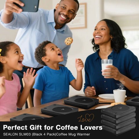 Keep Your Coffee Tea And Cocoa Toasty With This Slick Black Four Pack Electric Cup Heater Boasting Three Custom Heat Levels And A Universal Mug Fit That Slides Right Into Every Office Or Home. Family enjoying drinks together with SEALON SLM03 black cup warmers.