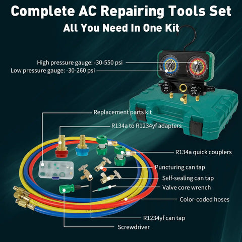 All In One Three Way AC Manifold Gauge Set With R1234yf R134a R404a Compatibility Quick Couplers R134a To R1234yf Adapters Three Can Taps Hoses Fahrenheit Display Pro Grade Auto And Home AC Service Kit with gauges, hoses, adapters, and can taps