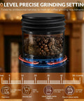 Cordless Coffee Grinder Featuring Rechargeable Conical Burr Mill And Sixty Precision Settings For Super Smooth Brewing On The Fly, showing bean container and grinding settings.