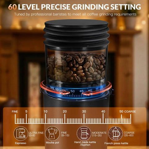 Cordless Coffee Grinder Featuring Rechargeable Conical Burr Mill And Sixty Precision Settings For Super Smooth Brewing On The Fly, showing bean container and grinding settings.