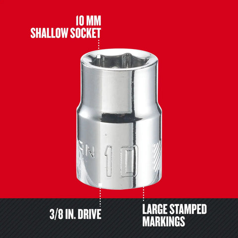 Shallow Metric Socket Three Eighths Inch Drive Ten Millimeter Six Point With Chrome Finish, corrosion resistant, easy size markings