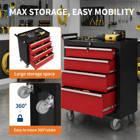 Badass Workhorse Rolling Tool Chest Heavy Duty Locking Casters Rock Solid Four Drawer Steel Organizer Pro Grade Portable Cabinet For Garage And Workshop Sleek Black Red Finish