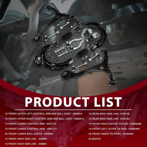 Complete Front Suspension Control Arm Kit With Ball Joints Tie Rods And Sway Links Fits Honda Civic Odyssey Accord 16 Piece Set For Smooth Rides And Tight Handling, assorted parts laid out