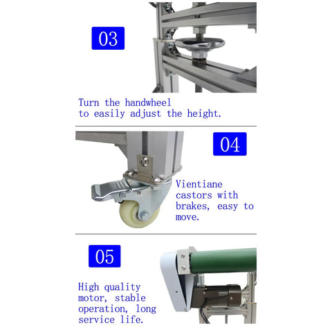 PVC Inclined Wall Conveyor Belt With Adjustable Speed For Industrial Transport, Desktop Conveyor Machine details showing handwheel adjustment, castors, and motor.