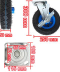 Set Of Four Built Tough 10 Inch Pneumatic Caster Wheels With Swivel Top Plate And Side Brakes Silent Rubber Industrial Casters dimensions and details
