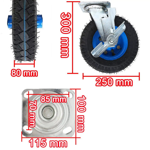 Set Of Four Built Tough 10 Inch Pneumatic Caster Wheels With Swivel Top Plate And Side Brakes Silent Rubber Industrial Casters dimensions and details