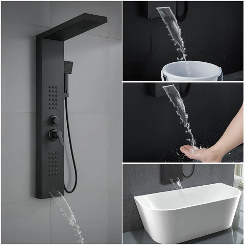 Slick Matte Black 4 In 1 Shower Panel Tower Featuring Killer Massage Jets Rainfall Head And Handheld Wand For A Game Changing Modern Bathroom Upgrade Setup