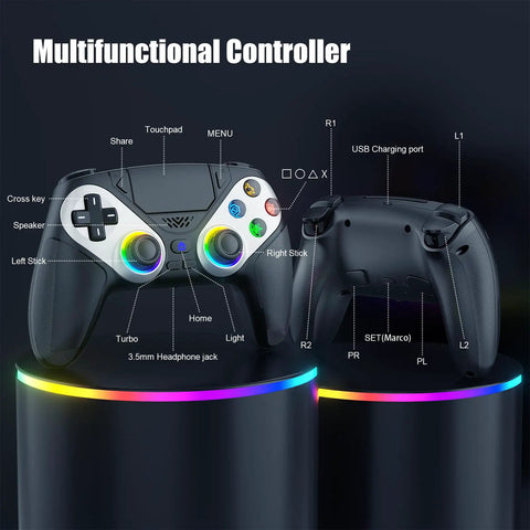 RGB Wireless Gamepad For PS5 PC And Mobile With Turbo Macro, front and back view showing buttons and features