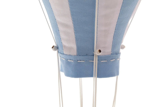 Close-up of Handmade Hanging Hot Air Balloon Nursery Decor In Baby Blue For Kids Room Large 12 Inch Textile Ornament