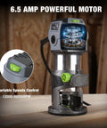 WORKPRO compact corded plunge router kit with gray/black body and green 6-speed dial.