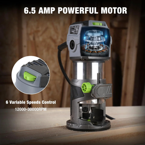 WORKPRO compact corded plunge router kit with gray/black body and green 6-speed dial.