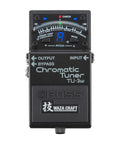 Front view of Waza Craft Compact Chromatic Tuner For Guitar And Bass With Accu Pitch Sign And 21 Segment Blue LED Meter.