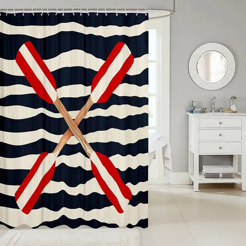 Rowing Oar Ocean Shower Curtain With Navy Blue Geometric Stripes 72x72 Inches Waterproof Polyester Bath Decor For Kids Boys Girls