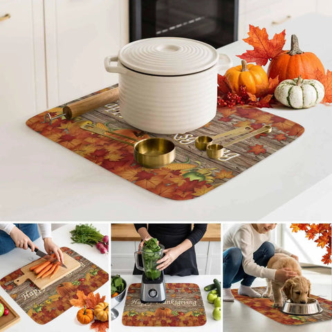 Thanksgiving Dish Drying Mat With Pumpkin Harvest Design For Kitchen Counter, Absorbent Microfiber Top Layer With Cushioned Core