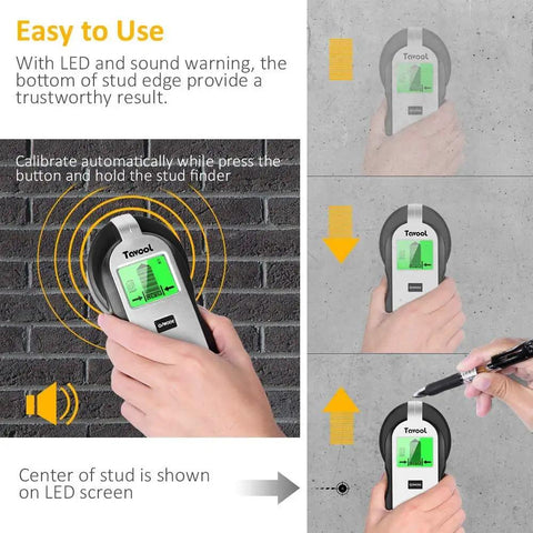 4 In 1 Stud Finder Wall Scanner with LCD Display demonstrating use by hand on wall with LED and sound indications