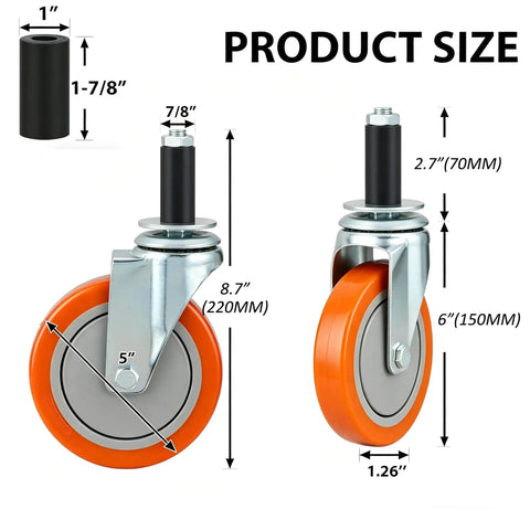 5 Inch Heavy Duty Expanding Stem Swivel Caster Wheels Universal Fit For Stainless Steel Prep Tables dimensions and design with orange wheels